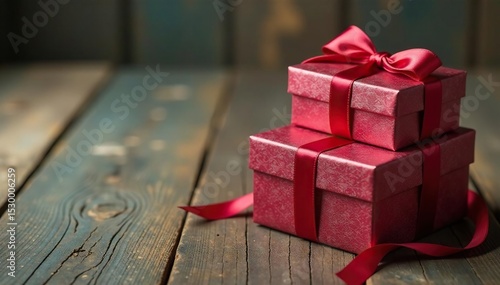 Elegant vintage gift boxes, silk ribbons, rustic wood table, handmade, craft