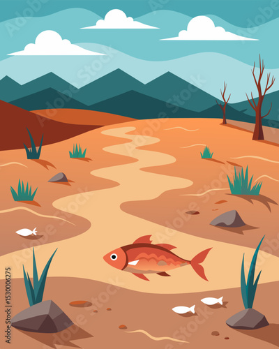 A driedup lakebed with dead fish and plants tered across it a product of overproduction and its effect on water quality.. Vector illustration