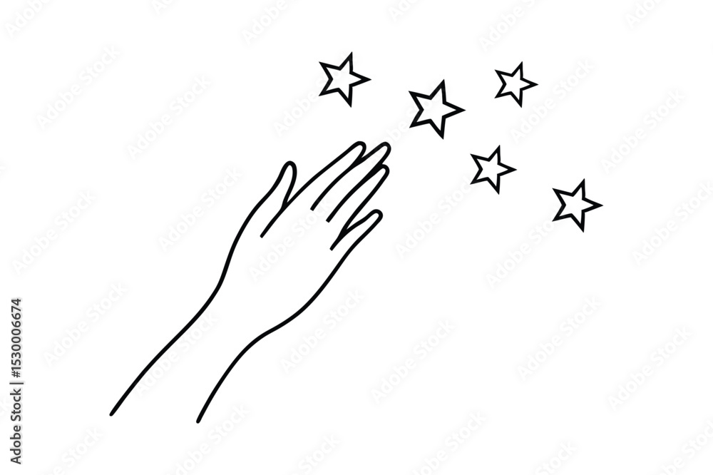Obraz premium Hand reaching for falling stars dreamy cosmic concept Line Art Vector illustration