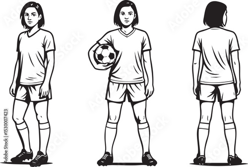 Female soccer player lineup characters front and back standing poses with football and uniforms for sports merchandise, branding posters, apparel and graphic design elements