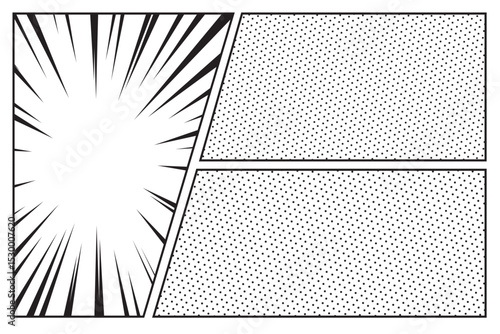 Comic panels with action effect template, frame retro manga black and white
