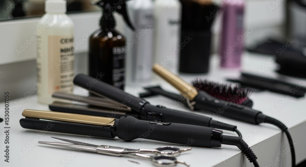 Naklejka premium Professional hair styling tools on a white surface, with various beauty supplies in the background
