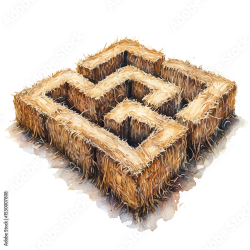 Fall Hay Bale Maze, watercolor painting vector, isolated on a white background.