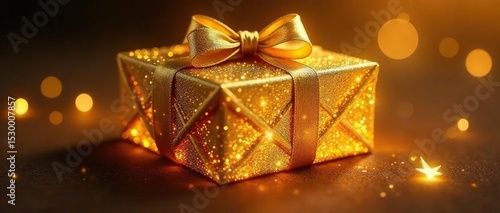 Enchanted golden package, radiant threads, magical shimmer , holiday, elegant, craft
