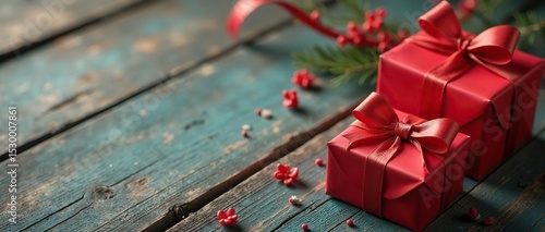 Wrapped treasures, glossy bows, aged wood backdrop, romantic, satin, glossy