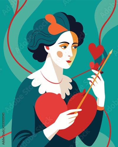 An artist painting a portrait every stroke of the brush influenced by the strings attached to their muses heart.. Vector illustration