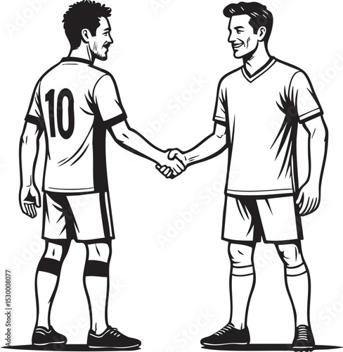 Football players handshake illustration after match in full uniform kit for sportsmanship, fair play campaign, league posters, coaching, youth tournament graphics