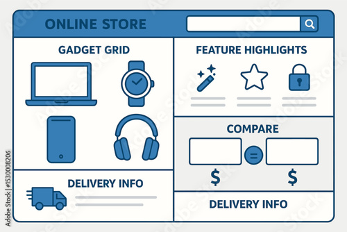 Electronics Store Overview. Online electronics store. Vector illustration of gadget grid, feature highlights, comparison tool, and