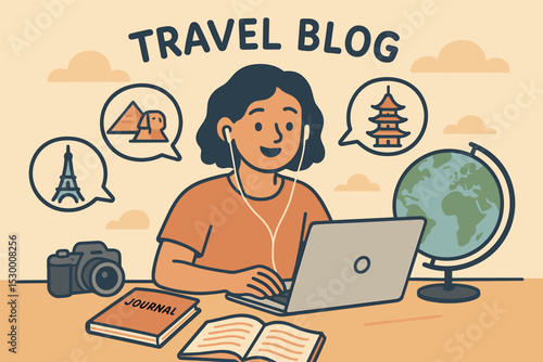 Travel Blogging Essentials. Travel blog illustration. Vector illustration of blogger with laptop, camera, globe, and journal