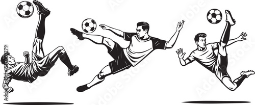 Soccer bicycle kick and overhead volley action pose illustration set for training tutorials, coaching visuals, youth tournament posters, league promo and sport design