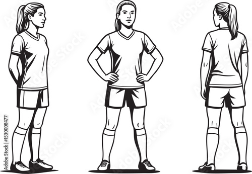 Female soccer team standing lineup illustration front back poses with uniforms for team branding, coaching posters, training visuals, merchandise and fan design graphics