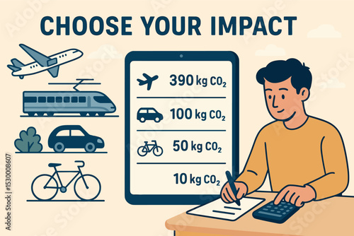 Eco-Friendly Travel Choices. Choose your impact — Vector illustration of trip planner calculating carbon emissions for each travel