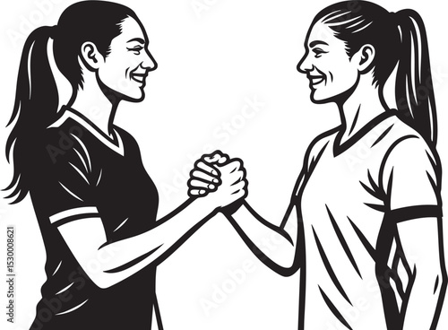 Female soccer players handshake pose illustration for fair play campaign, league sportsmanship posters, coaching visual guides, youth tournament graphics and team branding