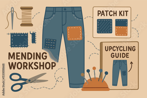 Mending Workshop Essentials. Vector illustration of mending workshop with visible stitching, patch kit, upcycling guide, and