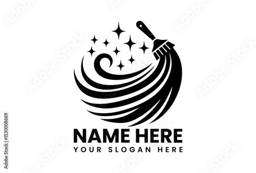 Modern black vector logo of sweeping broom with sparkling circular trail for cleaning service branding