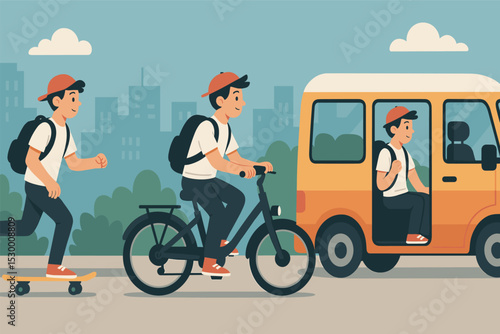 Student Commute Options. Vector illustration of student commuting to school using skateboard, e-bike, and shared minibus in