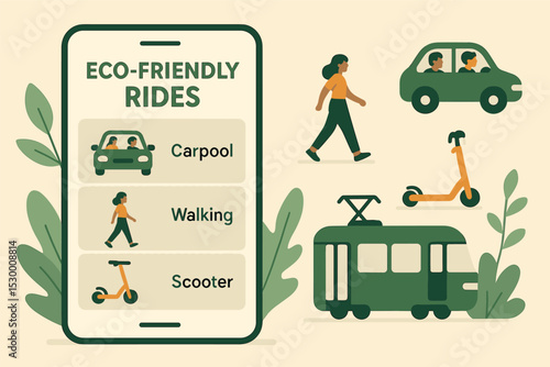 Eco Commute Choices. Eco-friendly ride options — Vector illustration of app offering carpool, walking, scooter, and tram options