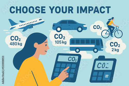 Trip Carbon Calculation. Choose your impact — Vector illustration of trip planner calculating carbon emissions for each travel