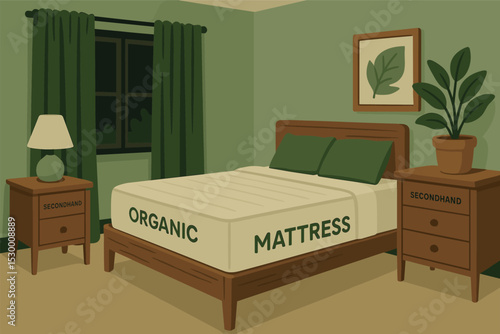 Eco-Friendly Bedroom Design. Vector illustration of green bedroom setup with organic mattress, secondhand furniture, and blackout