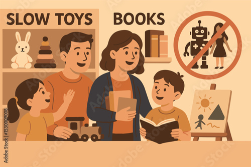 Choosing Slow Toys. Vector illustration of family choosing slow toys, books, and creative experiences over plastic or trendy