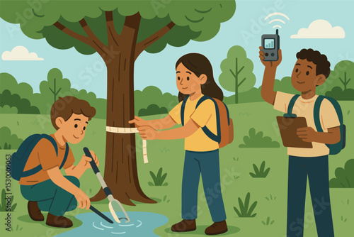 Student Climate Field Trip. Vector illustration of outdoor climate field trip with students measuring tree growth, air quality,