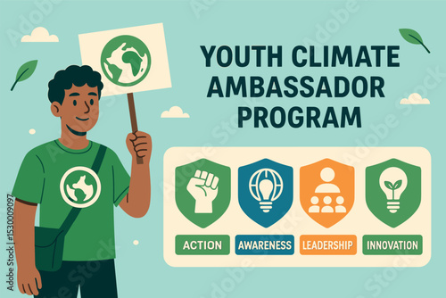 Youth Climate Ambassadors. Vector illustration of youth climate ambassador program with badges for action, awareness, leadership,