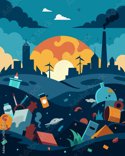 A haunting sight of pollution a garbage patch cluttered with remnants of defunct industries discarded household items and more plastic.. Vector illustration