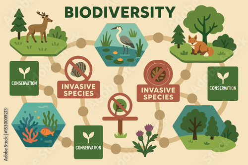 Biodiversity Board Game. Vector illustration of biodiversity board game featuring habitat tiles, invasive species obstacles, and
