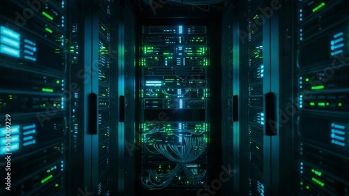 Data center with glowing servers in a high-tech environment  