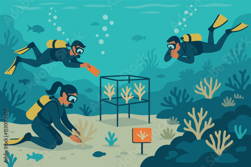 Coral Reef Restoration. Vector illustration of coral reef restoration showing divers planting coral, tagging sections, and