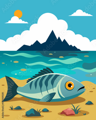 A dead fish washes up on shore a poignant reminder of the devastating effects of pollution on marine life.. Vector illustration