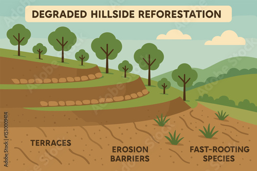 Terraced Hill Reforestation. Vector illustration of degraded hillside reforestation using terraces, erosion barriers, and