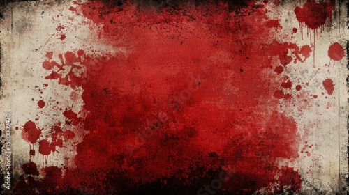 A textured digital image depicting a large, irregular splatter of dark red, resembling blood, on a worn, off-white background with darkened edges.  