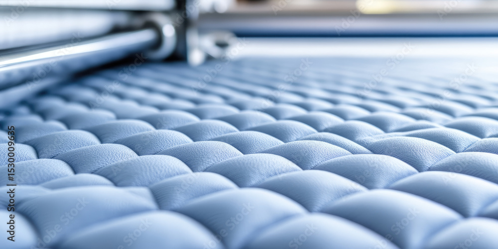 Fototapeta premium Quilted blue fabric is being manufactured on a machine with metal rollers. Texture, manufacturing, textile production, industrial