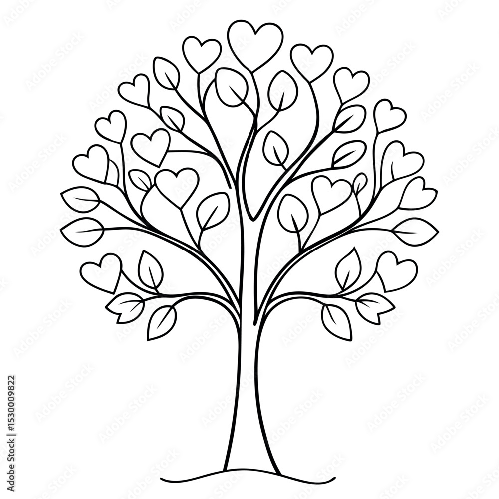 Obraz premium Single Line Tree with Heart-Shaped Leaves – Minimalist Love Nature Illustration