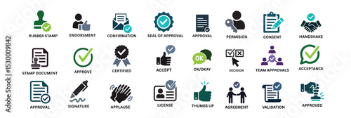 Complete Approval and Validation Business Icons Set – Agreement, Certification, Confirmation, and Handshake Vector Collection