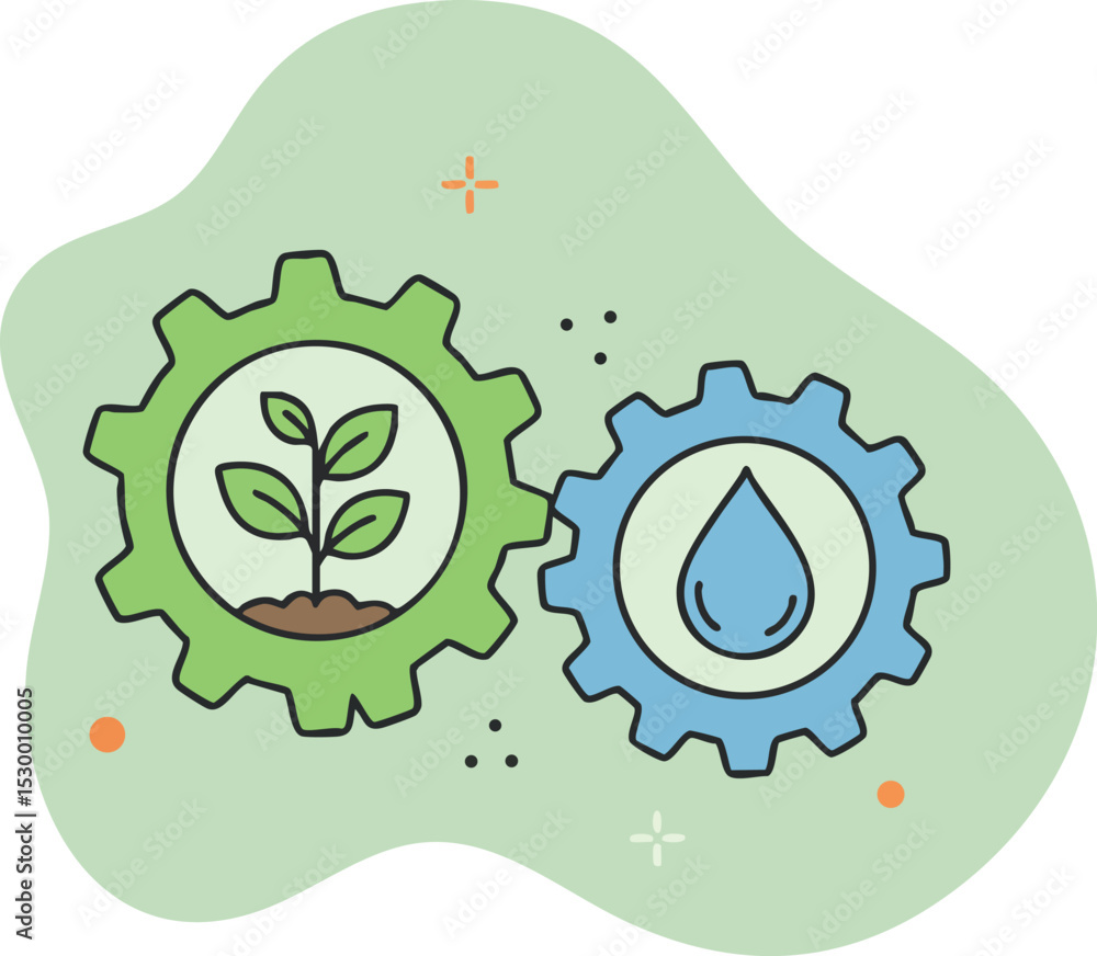 Sustainable energy concept with plant and water drop in gears for environmental technology and green innovation Sustainable energy concept with plant and water drop in gears for environmental technology and green innovation