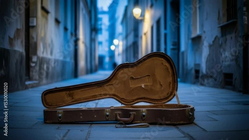 Acoustic guitar case resting on cobblestone street at dusk  