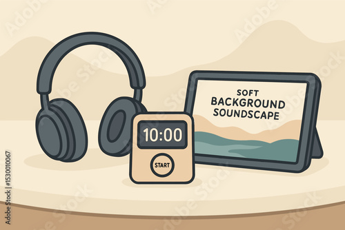 Minimalist Meditation Setup. Vector illustration of minimalist guided meditation setup with headphones, timer, and soft background