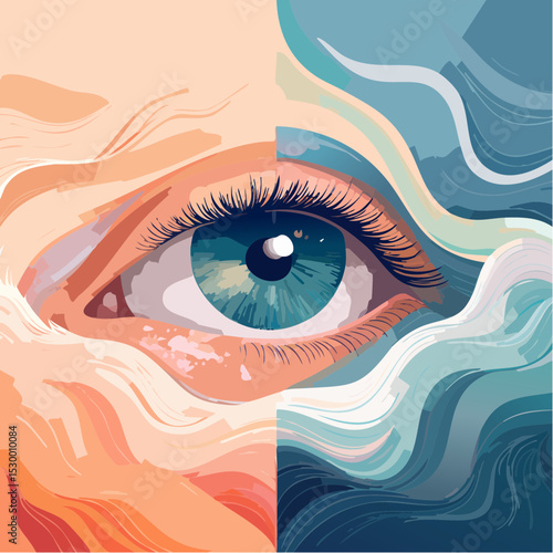 Detailed vector eyes surrounded by flowing waves and abstract lines, blending surreal ocean elements with soft facial features.