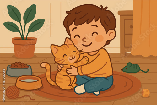 Child's Kitten Embrace. Vector illustration of child hugging adopted kitten in a cozy home setting with food bowls and toys nearby