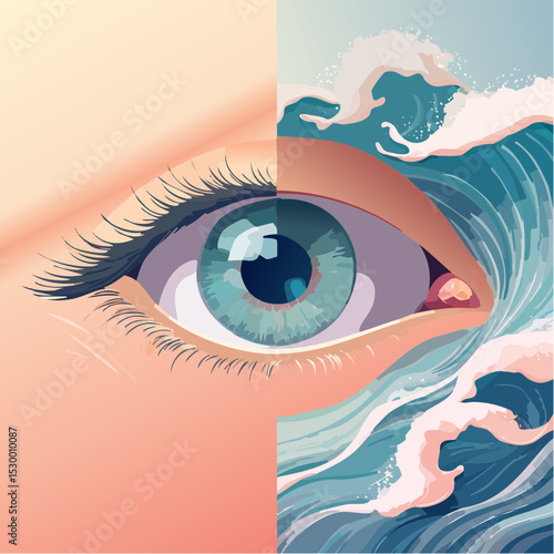 Detailed vector eyes surrounded by flowing waves and abstract lines, blending surreal ocean elements with soft facial features.