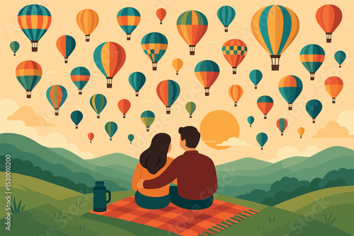 Hilltop Balloon View. Vector illustration of couple watching from hilltop with thermos, blanket, and balloons filling the sky