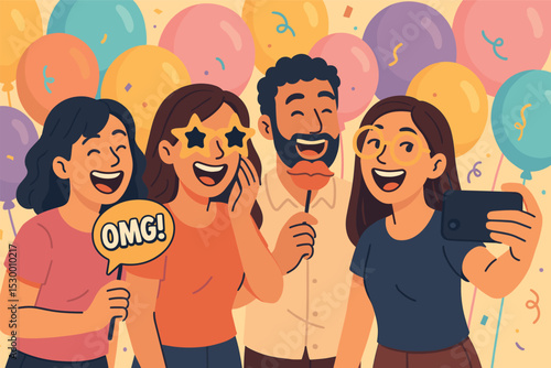 Selfies with Friends. Vector illustration of friends taking selfies with giant balloon backdrop, props, and shared laughter