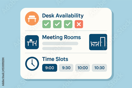 Booking App Interface. Vector illustration of booking app interface showing desk availability, meeting rooms, and time slots