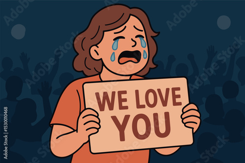 Emotional Fan Moment. Vector illustration of fan holding a “We Love You” sign, crying happy tears during emotional performance