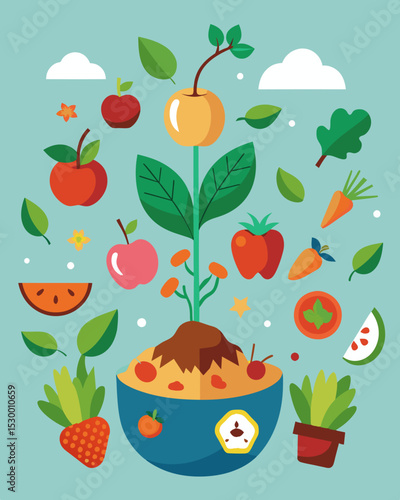 A gathering of food scraps weeds and fallen fruits transforming into a valuable resource for growing healthy and nourishing plants.. Vector illustration