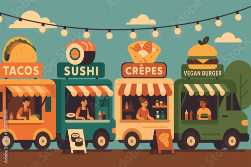 Food Truck Fiesta. Vector illustration of food truck row offering tacos, sushi, crepes, and vegan burgers under string lights