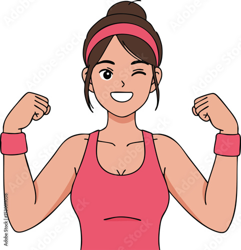 Fit woman showing strength and confidence in pink sportswear with headband and wristbands vector illustration 