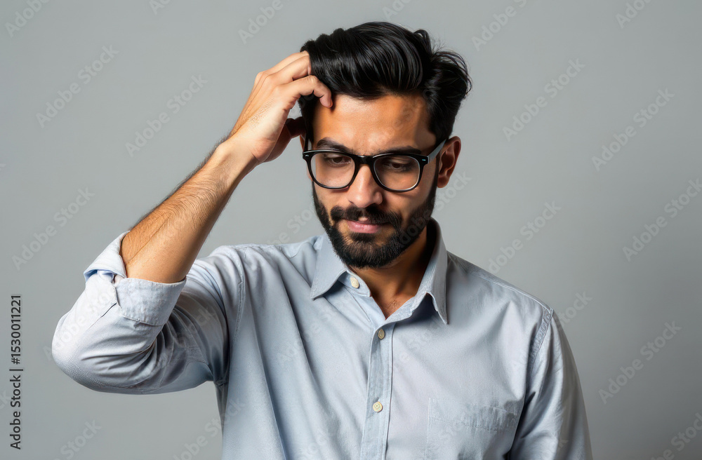 pensive middle eastern or indian man with glasses and beard scratching head, wearing blue shirt against gray background. concept of thinking and decision-making. male portrait on neutral backdrop pensive middle eastern or indian man with glasses and beard scratching head, wearing blue shirt against gray background. concept of thinking and decision-making. male portrait on neutral backdrop